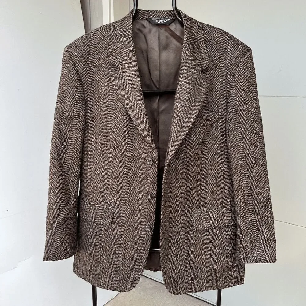 Vintage 80s/90s John Alexander Brown Wool Herringbone Tweed Blazer Jacket - 40